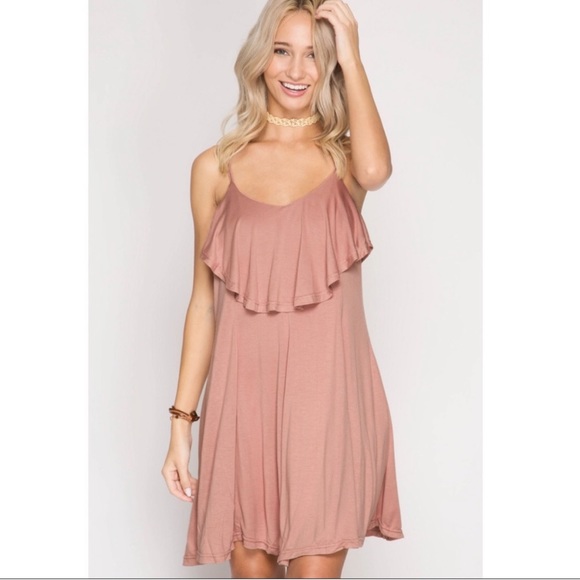 Dusty Rose Layered Ruffle Cami Dress with Spaghetti Straps - Picture 2 of 11